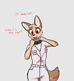 anthro bomb_collar clothed clothing collar dialogue explosives female fully_clothed head_tuft open_mouth peril simple_background solo tail text tricked tuft worried enginetrap fallout microsoft syl_(enginetrap) canid canine canis jackal mammal 2022 digital_media_(artwork) english_text hi_res