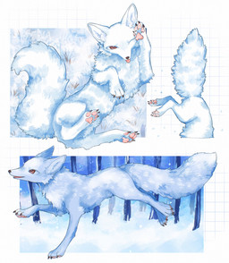 ambiguous_gender claws fangs feral forest forest_background grass nature nature_background one_eye_closed open_mouth pawpads paws plant red_eyes snow solo tail teeth tongue tongue_out tree white_body ytkmrs canid canine fox mammal 2025 absurd_res hi_res