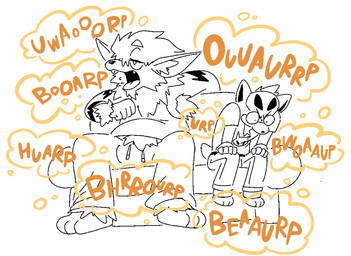annoyed anthro burp_cloud burping clothed clothing duo fangs furniture hair half-closed_eyes hands_on_knees hands_on_legs male narrowed_eyes neck_tuft open_mouth simple_background sitting sofa sound_effects teeth tuft white_background kibblekritterz nintendo pokemon arcanine canid canine generation_1_pokemon generation_2_pokemon houndour mammal pokemon_(species) hi_res
