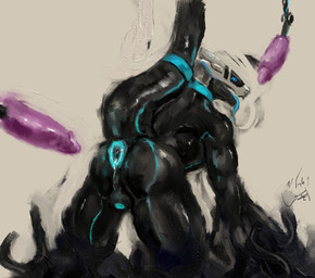 all_fours ambiguous_fluids anthro anus bdsm black_body bondage bound butt dildo gaping gaping_anus latex male null_bulge open_mouth raised_tail screen screen_face sex_toy solo tail tail_tied tentacles tongue tongue_out vekyn ike_(hazel_nuthead) synth_(vader-san) absurd_res hi_res
