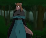 anthro brown_body brown_fur brown_hair brown_tail clothed clothing crossed_arms eyebrow_through_hair eyebrows female forest fully_clothed fur hair heterochromia outside plant smile solo standing tail translucent translucent_hair tree codyf0xx kuro_typhlosion twokinds natani canid canine canis mammal wolf