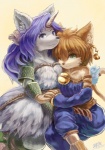 anthro bell duo female female/female hand_holding horn hug one_eye_closed romantic romantic_couple simple_background tail eixin legend_of_mana mana_(series) square_enix daena sierra_(mana) canid canine domestic_cat felid feline felis mammal