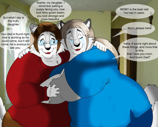 anthro big_breasts bodily_fluids bottomwear breasts brown_hair clothing crying duo eyes_closed eyewear female fur glasses grey_body grey_fur hair hug huge_breasts multicolored_body multicolored_fur open_mouth overweight overweight_anthro overweight_female pants shirt tears text topwear two_tone_body two_tone_fur white_body white_fur wrinkles xxsparcoxx angela_lopez sophia_(xxsparcoxx) canid canine canis mammal wolf 2014 digital_media_(artwork) english_text daughter_(lore) mother_(lore) mother_and_child_(lore) mother_and_daughter_(lore) parent_(lore) parent_and_child_(lore) parent_and_daughter_(lore)