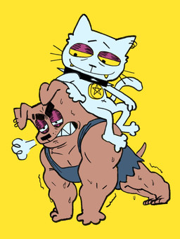 anthro bodily_fluids breath brown_body brown_fur clothing collar duo ear_piercing exercise exhausted fangs fur grimace half-closed_eyes leaning looking_down male narrowed_eyes navel piercing push-up shaking shirt sitting sitting_on_another spiked_collar spikes sweat sweatdrop tank_top teeth topwear trembling whiskers white_body white_fur bararaboy snowball_(bararaboy) tank_(bararaboy) canid canine canis domestic_cat domestic_dog felid feline felis mammal 2025 3:4 digital_media_(artwork) hi_res