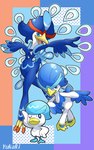 anthro beak blue_body blue_eyes blue_feathers blue_hair evolutionary_family feathers feral group hair iris looking_at_viewer multicolored_body multicolored_feathers nude one_eye_closed open_beak open_mouth pink_tongue pose pupils tongue trio white_body white_feathers white_pupils yellow_beak yukari_(artist) nintendo pokemon avian generation_9_pokemon pokemon_(species) quaquaval quaxly quaxwell hi_res