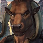 anthro brown_body brown_fur building chain_jewelry chain_necklace city clothed clothing eye_scar facial_scar fur horn jewelry looking_at_viewer male necklace outside scar skyscraper solo sinealas bovid bovine cattle mammal 1:1 bust_portrait icon portrait