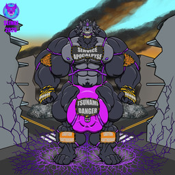 4_toes abs anthro big_bulge big_muscles big_pecs bulge city clothing collar cracked_ground cracks destruction feet fluffy fluffy_chest gloves handwear harness huge_bulge huge_muscles hyper hyper_bulge hyper_muscles macro male muscular neck_tuft nipples pecs rubble solo spiked_collar spikes toes tuft warning_sign seinki canid canine canis mammal wolf 1:1 hi_res
