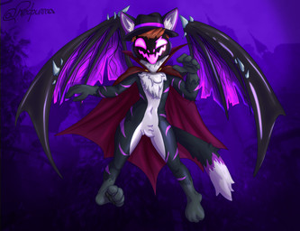 anthro bat_wings black_body black_fur cape clothing costume fangs femboy femboy/femboy fluffy fluffy_tail flying fur glowing glowing_eyes hair halloween_costume holidays looking_at_viewer machine male membrane_(anatomy) membranous_wings neck_tuft open_mouth pawpads paws purple_background silly_face simple_background smile solo tail teeth tuft vampire_costume white_body white_fur wings redpurr halloween over_(over_0w0) mammal protogen vampire absurd_res digital_media_(artwork) hi_res