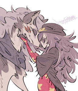 3_eyes anthro beak beanie clothed clothing duo eyes_closed female feral hat headgear headwear multi_eye snout yasutak1192 hellaverse helluva_boss mythology feral_loona_(helluva_boss) loona_(helluva_boss) octavia_(helluva_boss) avian avian_demon bird bird_demon canid canid_demon canine demon hellhound mammal mythological_canine mythological_creature owl owl_demon hi_res