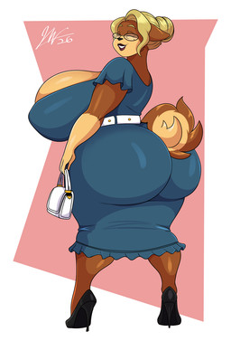 anthro big_breasts big_butt biped blonde_hair blue_clothing breasts brown_body butt clothed clothing dress elderly_female eyelashes female footwear hair high_heels holding_purse huge_butt looking_back purse shoes tail jwinkz canid canine canis domestic_dog mammal hi_res