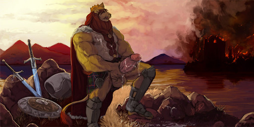 anthro balls beard biceps big_penis biped bodily_fluids braided_beard braided_hair clothed clothing cloud crown cum erection facial_hair fur genital_fluids genitals hair headgear huge_penis humanoid_genitalia humanoid_penis king male masturbation melee_weapon muscular muscular_anthro muscular_male nipples nude open_mouth outside pecs penile penile_masturbation penis red_hair royalty scenery shield sky solo sword tail tail_tuft topless tuft water weapon white_body white_fur yellow_body yellow_fur boulevard nievelion felid lion mammal pantherine