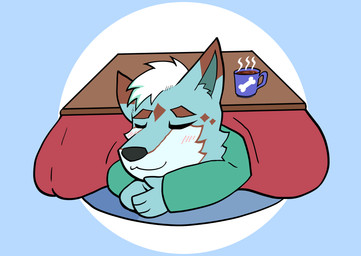 anthro blue_body blue_fur chibi eyes_closed fur furniture hair kotatsu male multicolored_body multicolored_fur solo table white_hair dragokaizer666 minato_(dragokaizer) canid canine canis domestic_dog husky mammal nordic_sled_dog siberian_husky spitz absurd_res hi_res