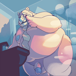 anthro balls belly big_belly blue_nipples blue_nose genitals huge_belly humanoid_genitalia humanoid_penis inside male moobs narrowed_eyes nipples nude obese obese_anthro obese_male one_eye_closed overweight overweight_anthro overweight_male penis pink_balls pink_body pink_penis smile solo standing vein veiny_penis chocolateandmilk bear mammal 1:1 2019 dated hi_res signature