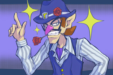 5_fingers biped blue_background blue_clothing blue_overalls brown_hair clothed clothing eyewear facial_hair finger_gun fingers flower fully_clothed gesture glasses hair half-closed_eyes halftone_background hand_gesture hat headgear headwear humanoid_pointy_ears jacket looking_at_viewer male mustache narrowed_eyes not_furry overalls pattern_background pink_nose plant pointing pointing_up pointy_ears raised_hand red_rose rose_(flower) simple_background solo sparkles teeth topwear wearing_glasses superstaryoshi6 mario_bros nintendo waluigi humanoid mammal 2023 3:2 digital_drawing_(artwork) digital_media_(artwork) half-length_portrait halftone hi_res portrait shaded