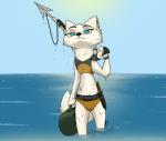 anthro bag belt bikini black_eyebrows black_nose blue_eyes clock clothing dagger day dive_knife dripping duffel_bag eyebrows female fur harpoon harpoon_gun horizon inner_ear_fluff knife light melee_weapon midriff polearm ranged_weapon scabbard sea sky solo spear speargun sunlight swimwear tuft two-piece_swimsuit watch water weapon wet wet_body wet_fur wristwatch jman0525 disney zootopia skye_(zootopia) arctic_fox canid canine fox mammal true_fox diver_(disambiguation) 2017 portrait three-quarter_portrait watermark