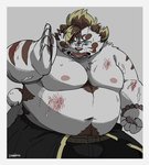 belly blood blue_eyes bodily_fluids bottomwear bulge clothing fur humanoid_hands kemono male moobs navel nipples overweight overweight_male pants scar simple_background solo sweat tongue tongue_out white_body white_fur uokkom lifewonders tokyo_afterschool_summoners licho_(tas) felid mammal pantherine tiger 2020 hi_res