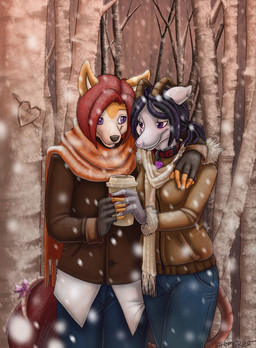 accessory anthro beverage blush bottomwear bow_(feature) bow_accessory bow_ribbon carving clothing coat coffee collar container cup denim denim_bottomwear denim_clothing detailed_background dreadlocks duo female fingerless_gloves food fur furgonomics gloves handwear heart_symbol holding_container holding_cup holding_object jacket jeans love love_carving male outside pants piercing plant purple_eyes ribbons romantic romantic_ambiance romantic_couple scarf snow snowing steam tail tail_accessory tail_bow tail_ribbon topwear tree walking winter wood conditional_dnp sefeiren furaiya ken_foxx canid canine mammal murid murine rat rodent 2009