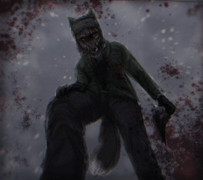 ambiguous_gender anthro billhook blood blood_on_weapon bodily_fluids female first_person_view furgonomic_headwear furgonomics imminent_death low-angle_view schiavonesca simple_background snow snowing trapper_hat violence weapon winter canid canine cross_fox fox mammal red_fox true_fox hi_res