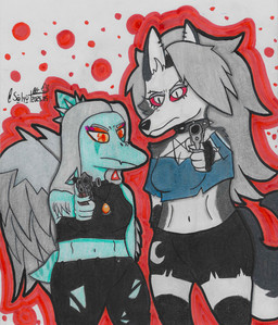 alternative_fashion amber_(gem) amber_(material) amber_eyes angry anthro black_bottomwear black_clothing black_crop_top black_pants black_shirt black_topwear bottomwear breasts clothed clothed_anthro clothed_female clothing crop_top duo female female/female fire frown goth gun holding_gun holding_object holding_ranged_weapon holding_weapon jewelry looking_at_viewer medium_breasts necklace non-mammal_breasts pants ranged_weapon red_sclera shirt text topwear torn_bottomwear torn_clothing torn_pants weapon white_eyes salyut_(artist) cavemanon_studios goodbye_volcano_high hellaverse helluva_boss ko_op_(game_developer) snoot_game fang_(gvh) loona_(helluva_boss) canid canine canis mammal prehistoric_species pterodactylus pterosaur reptile scalie wolf 2025 absurd_res artist_name colored dated hi_res shaded traditional_media_(artwork)