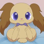 ambiguous_gender anthro bed bow_tie brown_body brown_fur chibi cotton_tail featureless_crotch floppy_ears fur furniture gradient_eyes looking_at_viewer lop_ears purple_eyes semi-anthro simple_background smile solo spread_legs spreading improbable_(artist) jewelpet sanrio sega sega_fave io_(jewelpet) domestic_rabbit lagomorph leporid lop_rabbit mammal oryctolagus rabbit 1:1 hi_res male_(lore)