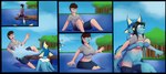 anthro anthro_on_anthro ass_growth biped black_border black_hair black_nose blue_body border bottomwear bottomwear_down breast_fondling breast_grab breast_growth breast_play breasts brown_hair clothed clothing duo eyewear falling female female/female fondling forced forced_transformation fully_clothed gender_transformation genitals glasses green_eyes growth hair hand_on_breast human_to_anthro lake legs_together male mid_transformation motion_lines mtf_transformation navel non-mammal_breasts non-mammal_navel non-mammal_pussy open_mouth outside pants pants_down partially_clothed partially_submerged pier plant pussy shirt sitting species_transformation spread_legs spreading squiggle_mouth standing t-shirt tail tail_between_legs tail_grinding tail_growth topwear transformation tree water wide_eyed tomek1000 nintendo pokemon tomek1000_(character) eeveelution generation_1_pokemon human mammal pokemon_(species) vaporeon 2018 colored comic hi_res