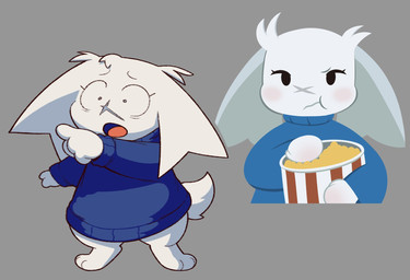 4_fingers anthro black_eyes blue_clothing blue_sweater blue_topwear blush bottomless clothed clothing different_styles digitigrade eating eating_food eating_popcorn eyebrows eyelashes facial_scar female fingers floppy_ears food fur gesture grey_background hair hand_gesture holding_popcorn looking_at_viewer open_mouth pointing popcorn popcorn_bucket scar scut_tail shocked short_tail simple_background solo sweater sweater_only tail topwear topwear_only white_body white_fur white_hair x_scar oofmasterxd cave_story sue_sakamoto lagomorph mammal mimiga 2025 hi_res shaded
