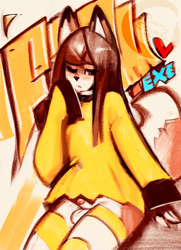 anthro balls biped bottomless bottomless_anthro bottomless_male clothed clothed_anthro clothed_male clothing dipstick_ears ear_markings femboy genitals hair heart_symbol humanoid_genitalia humanoid_penis legwear long_hair male male_anthro multicolored_ears one_eye_closed oversized_clothing oversized_topwear pattern_clothing pattern_legwear pattern_thigh_highs penis pose simple_background sitting small_penis solo striped_clothing striped_legwear striped_thigh_highs stripes sweater tail text thigh_highs topwear yellow_clothing dirtyscoundrel canid canine fox mammal 2025 hi_res pinup signature traditional_media_(artwork) nonbinary_(lore)