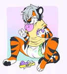 anthro black_body black_fur blue_background clean_diaper clothed clothing diaper eating eyes_closed fur holidays male orange_body orange_fur purple_background shirt simple_background sitting solo toddler topwear wearing_diaper white_background white_body white_fur young young_anthro young_male slusheep easter peeps felid mammal pantherine tiger 2019 hi_res