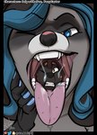 anthro blue_hair bodily_fluids duo female female_pred hair hand_on_face male male/female male_prey mouth_shot one_eye_closed open_mouth oral_vore saliva saliva_string swallowing teeth throat tongue tongue_out vore goatjeph canid canine fox mammal hi_res