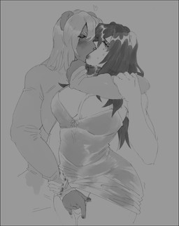 anthro anthro_on_anthro arm_around_neck arm_around_partner arm_around_shoulders breasts clothing collar dominant dominant_anthro dominant_female dress duo eyes_closed female female/female female_anthro fingering fingering_partner grabbing_wrist grey_background hair kiss_on_lips kissing long_hair sex simple_background standing submissive submissive_anthro submissive_female thick_thighs vaginal vaginal_fingering wide_hips wrist_grab milkbearbunny bunny_(milkbearbunny) honey_(milkbearbunny) bear mammal monochrome gynomorph_(lore) trans_(lore) trans_woman_(lore)