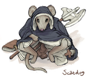 ambiguous_gender clothed clothing clothing_around_legs clothing_lift clothing_pull cross crouching feces feces_on_ground feces_pile feral fur halberd melee_weapon polearm priest priest_robes raised_clothing rat_tail robe robe_only snout solo tail tan_body tan_fur tome weapon scatdog mammal murid murine rat rodent colored hi_res shaded
