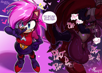 ambiguous_penetration anthro armwear bandage big_breasts black_nose blue_eyes blush blush_lines bodily_fluids boots bottomwear breasts clothing dialogue duo elbow_gloves eyelashes female footwear front_view fur gloves hair handwear heart_eyes heart_symbol larger_male male male/female muscular muscular_male penetration pink_body pink_fur pink_hair purple_boots purple_bottomwear purple_clothing purple_footwear purple_gloves purple_handwear purple_skirt red_body red_clothing red_fur red_topwear sex shoes side_view size_difference skirt smile speech_bubble sweat tan_body tan_fur text thick_thighs topwear wide_hips halfgalaxy instant_loss_2koma sega sonic_boom sonic_the_hedgehog_(series) sonic_underground knuckles_the_echidna sonia_the_hedgehog echidna eulipotyphlan hedgehog mammal monotreme