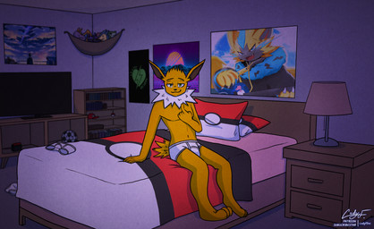anthro anthrofied bed bed_covers bed_sheet bedding bedroom bedroom_eyes clothing fur furniture green_eyes inside looking_at_viewer male narrowed_eyes on_bed picture_frame pokeball_print poster seductive sitting sitting_on_bed synthwave underwear yellow_body yellow_fur codyf0xx nintendo pokemon fan_character zayden eeveelution generation_1_pokemon generation_7_pokemon jolteon legendary_pokemon pokemon_(species) zeraora film_grain hi_res picture_in_picture