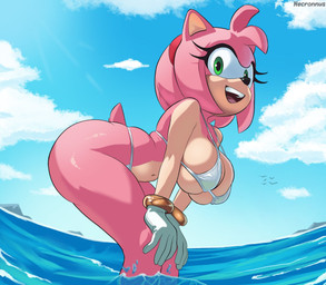 accessory anthro big_breasts bikini bracelet breasts clothing cloud eyelashes female fur gloves green_eyes hair_accessory hairband hands_on_knees hands_on_legs handwear jewelry partially_submerged pink_body pink_fur sky smile solo swimwear tail two-piece_swimsuit water necronnus sega sonic_the_hedgehog_(series) amy_rose eulipotyphlan hedgehog mammal hi_res