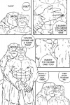 anthro canid canine canis comic dialogue domestic_dog duo english_text erection felid genitals greyscale humanoid_genitalia humanoid_penis lion male male/male mammal monochrome muscular nude pantherine penis ryuu_majin shower text