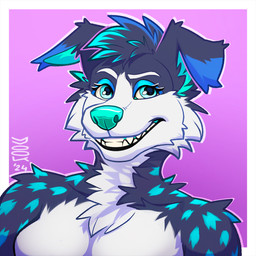 ambiguous_gender anthro arm_tuft blue_eyes blue_hair blue_markings blue_nose cheek_tuft eyelashes facial_tuft floppy_ears front_view fur glistening glistening_eyes grey_body grey_fur grey_hair grin hair looking_at_viewer markings multicolored_hair neck_tuft nude purple_background shoulder_tuft simple_background smile solo tuft two_tone_hair white_body white_fur yookie canid canine canis domestic_dog mammal 1:1 2024 bust_portrait dated hi_res portrait