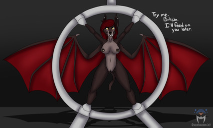 anthro bdsm bondage bound breasts cuff_(restraint) dungeon ear_piercing ear_ring female fully_bound genitals nipple_piercing nipple_ring nipples nude piercing prisoner restrained restraints ring_piercing science_fiction shackles solo spread_wings submissive submissive_female suspension vulva wings shilohsmilodon kamaria_(rex5611) bat leaf-nosed_bat mammal microbat vampire_bat yangochiropteran 2019 5:3