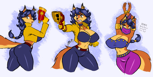 anthro armband armlet bandeau belly_dancer belt big_breasts blue_hair bottomwear bracelet braided_hair breasts brown_body brown_eyes brown_fur butt clenched_teeth clothing cocked_hip collar collarbone dipstick_tail ear_piercing ear_ring eyebrows eyelashes face_veil facial_tuft female fur gloves gold_(metal) gold_jewelry gun hair half-closed_eyes hands_above_head handwear harem_outfit huge_breasts jacket jewelry long_eyelashes markings midriff mole_under_eye narrowed_eyes navel pants piercing ranged_weapon ring_piercing solo tail tail_markings tan_body tan_fur teeth thick_thighs topwear tuft veil weapon chisheq sly_cooper_(series) sony_corporation sony_interactive_entertainment sucker_punch_productions carmelita_fox canid canine fox mammal 2025 hi_res