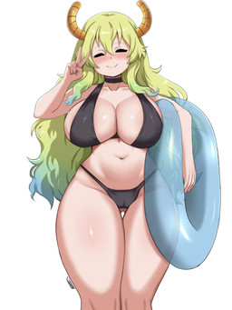 big_breasts bikini biped breasts butt butt_from_the_front cleavage clothed clothing eyelashes eyes_closed female front_view gesture hair hand_gesture horn inflatable inner_tube multicolored_hair navel simple_background smile swimwear thick_thighs two-piece_swimsuit v_sign morris_(artist) miss_kobayashi's_dragon_maid quetzalcoatl_(dragon_maid) horned_humanoid humanoid 3:4 absurd_res hi_res