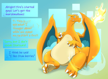 after_transformation belly blue_eyes bodily_fluids camping claws feral fire flaming_tail group hair hair_loss horn loss_of_speech male membrane_(anatomy) membranous_wings offscreen_character orange_body orange_scales pokemon_speak scales simple_background sitting slightly_chubby solo sweat sweatdrop tail tan_body tan_scales text text_box wings dexterthederg nintendo pokemon charizard generation_1_pokemon human mammal pokemon_(species) scalie english_text