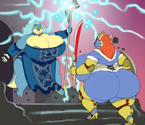 anthro areola armor big_breasts big_butt blue_eyes breasts brown_eyes brown_hair butt cleavage clothed clothing curvy_figure duo electricity fangs female footwear hair high_heels holding_object holding_weapon huge_breasts huge_butt hyper hyper_breasts knight lightning magic_user melee_weapon non-mammal_breasts obese overweight polearm robe shield shoes side_boob skimpy spear staff sword tail teeth thick_thighs warrior weapon white_hair wide_hips vdisco dungeons_and_dragons hasbro mythology wizards_of_the_coast indy_(vdisco) roo_(huskytrent) dragon dragonborn_(dnd) lizard mythological_creature mythological_scalie reptile scalie 2017