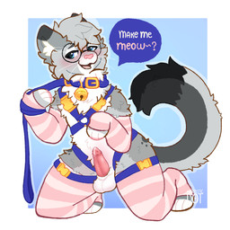 animal_genitalia anthro armwear balls bell bell_collar blue_collar blue_eyes blue_harness blush bodily_fluids bottomless bottomless_anthro bottomless_male clothed clothing collar dipstick_ears dipstick_fingers dipstick_tail dipstick_toes ear_markings eyewear femboy fluffy fur genital_fluids genitals glasses gold_bell grey_body hair harness holding_leash holding_object leash leash_pull leashed_collar legwear looking_at_viewer male markings multicolored_ears open_mouth pattern_armwear pattern_clothing pattern_legwear penile_spines penis pink_nose precum precum_on_penis sheath sheathed_tapering_penis simple_background smile solo speech_bubble spots spotted_markings striped_armwear striped_clothing striped_legwear stripes tail tail_markings teasing teasing_viewer teeth text tongue tuft whiskers artistic_dot nixuelle domestic_cat egyptian_mau felid feline felis mammal 1:1 2025 absurd_res digital_media_(artwork) english_text hi_res