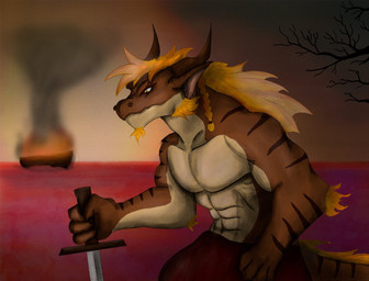 abs anthro arm_tuft black_stripes braided_hair brown_body clothed clothing elbow_tuft facial_hair fire goatee hair holding_melee_weapon holding_object holding_sword holding_weapon long_hair male melee_weapon muscular muscular_anthro muscular_arms muscular_male navel orange_hair outside pecs smoke solo stripes sword tail_mane topless topless_anthro topless_male tuft weapon elhaz mythology dragon mythological_creature mythological_scalie scalie wingless_dragon traditional_media_(artwork)