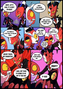 angry dialogue door duo fangs glistening_eyelids key male necktie open_mouth simple_background smile tear_trough teeth text kato777 hellaverse helluva_boss blitzo_(helluva_boss) moxxie_(helluva_boss) imp absurd_res comic english_text hi_res
