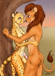 anthro anthro_on_anthro bodily_fluids breasts brown_eyes butt chest_tuft cum cum_on_chest detailed_background duo erection female fur genital_fluids genitals hug male male/female nipples nude outside penis piercing pinned plant pussy romantic romantic_ambiance romantic_couple sex standing tail tree tuft wood fio cheetah felid feline lion mammal pantherine