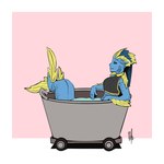 1:1 animal_humanoid bathtub bigmsaxon black_sclera blue_body blue_hair blue_scales border cart female fin fin_frill fish fish_humanoid frill_(anatomy) hair head_crest head_frill hi_res humanoid marine marine_humanoid membrane_(anatomy) membranous_frill merfolk pink_background reclining scales simple_background sleeveless_shirt solo split_form sunken_seat water white_border yellow_eyes