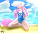 anthro beach biped blush breasts clothed clothing detailed_background eyewear female fur glasses green_eyes hair heart_symbol kemono kneeling looking_at_viewer one-piece_swimsuit outside pink_body pink_fur pink_hair sand school_swimsuit seaside sky solo swimwear water white_body white_fur milkteafox ruby_fox canid canine fox mammal 2016 hi_res