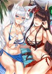 5_fingers bikini bikini_bottom bikini_top black_hair blue_eyes breasts brown_eyes cleavage clothed clothing duo female fingers food fruit hair long_hair looking_at_viewer mask melon multi_tail navel one_eye_closed plant sitting smile swimwear tail two-piece_swimsuit watermelon white_hair deras azur_lane akagi_(azur_lane) kaga_(azur_lane) animal_humanoid canid canid_humanoid canine canine_humanoid fox_humanoid humanoid mammal mammal_humanoid 2019 hi_res