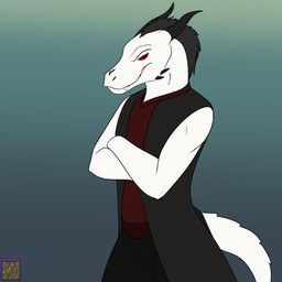 anthro black_hair clothed clothing fangs gradient_background hair horn male red_eyes scales simple_background solo tail teeth white_body white_scales foxenawolf microsoft the_elder_scrolls argonian scalie vampire 1:1