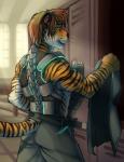 anthro armor athletic belly belt biceps biped black_nose bottomwear brown_eyes brown_hair butt clothed clothing fur hair holding_clothing holding_object inside locker locker_room looking_at_viewer looking_back male muscular muscular_anthro orange_body orange_fur pants solo standing stripes tail technology whiskers white_belly white_body white_fur iggi dead_space electronic_arts visceral_games chyrix felid mammal pantherine tiger 2013